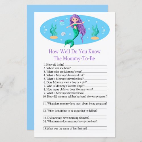 Mermaid How well do you know baby shower game