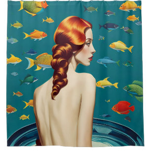 Mermaid in a Bath With Fish Shower Curtain