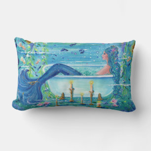 Mermaid in a bathtub art by Renee Lavoie Lumbar Pillow