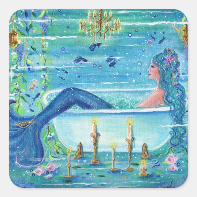 Mermaid in a bathtub art by Renee Lavoie   Square Sticker (Front)