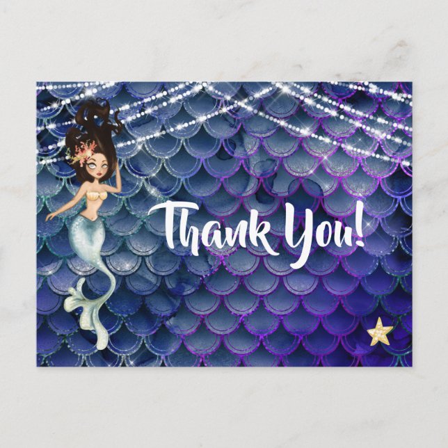 Mermaid in Blue ~ Sparkling Beach Thank You Postcard (Front)