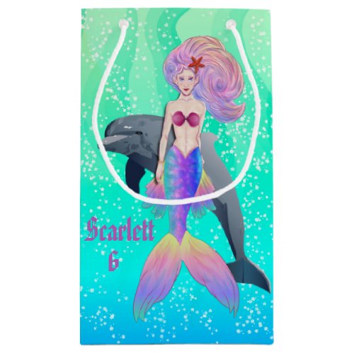 Mermaid in Deep Water Swimming with Dolphin Small  Small Gift Bag