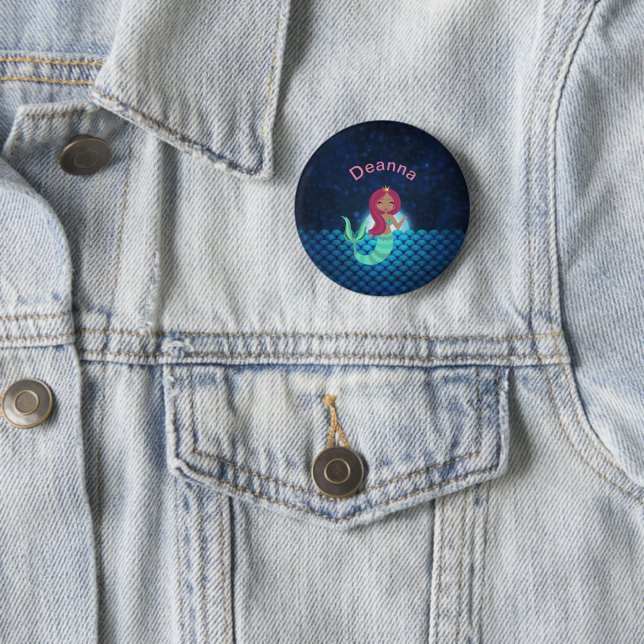 Mermaid in Green and Blue in Moonlit Ocean Button (In Situ)