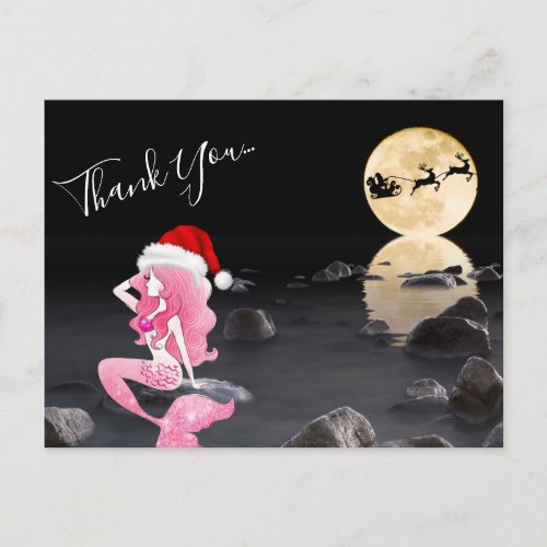 Mermaid in Pink and Santa Hat Full Moon Thank You Postcard