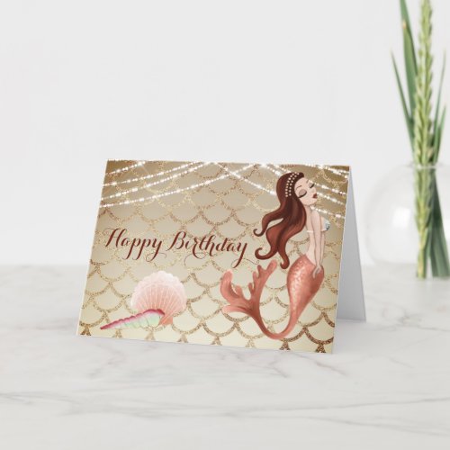 Mermaid in Rose Gold and Seashells Beach Birthday Card
