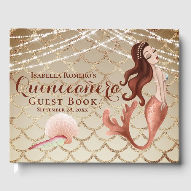 Mermaid in Rose Gold Under the Sea Quinceañera Guest Book (Front)
