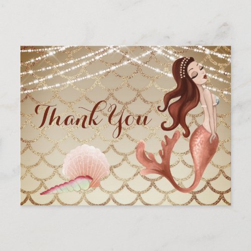 Mermaid in Rose Gold with Seashells Thank You Postcard