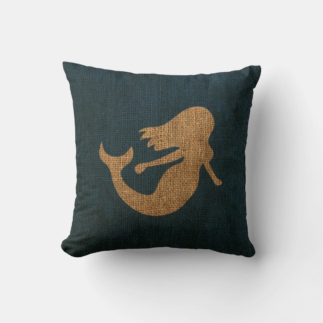 Mermaid in Rustic Blue Throw Pillow (Front)