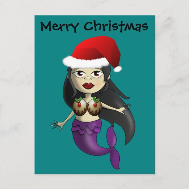 Mermaid in Santa Hat and Christmas Puds Holiday Postcard (Front)