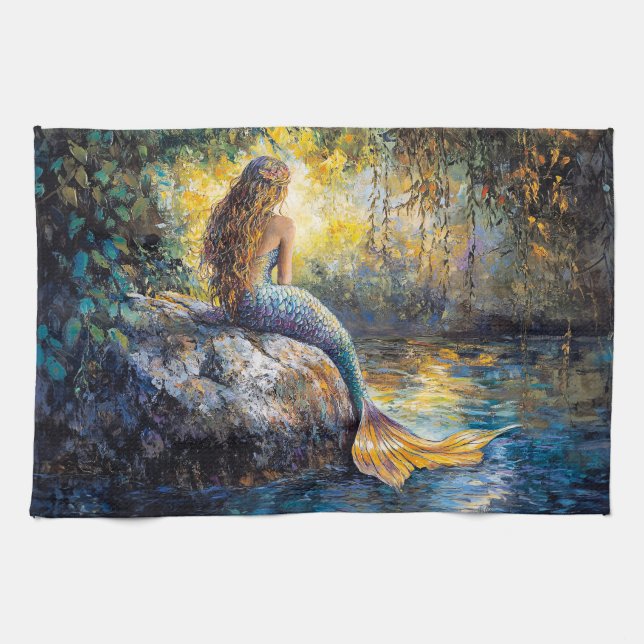 Mermaid in the Grotto Painting Kitchen Towel (Horizontal)