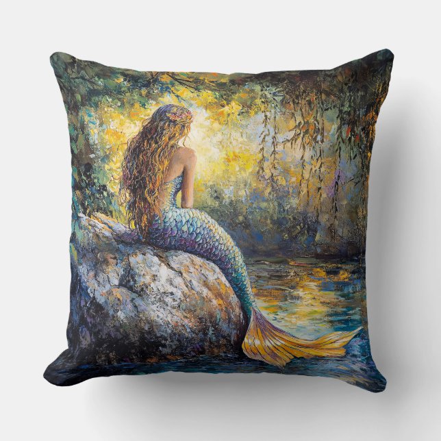 Mermaid in the Grotto Painting Throw Pillow (Front)