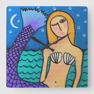 Mermaid in the Moonlight Abstract Art Square Wall  Square Wall Clock