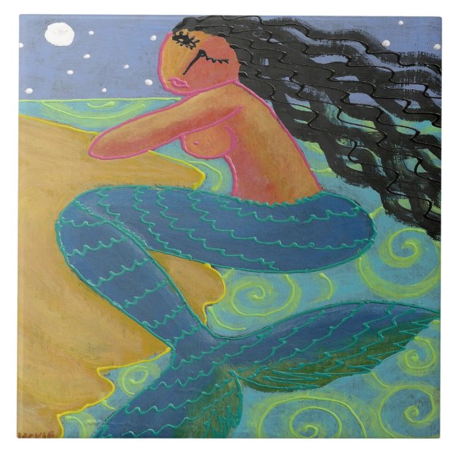 Mermaid in the Moonlight Abstract Painting Ceramic Tile (Front)