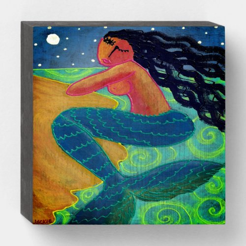 Mermaid in the Moonlight Abstract Painting Wooden Box Sign