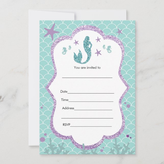 Mermaid Invitation Fill In Purple Teal Glitter (Front)