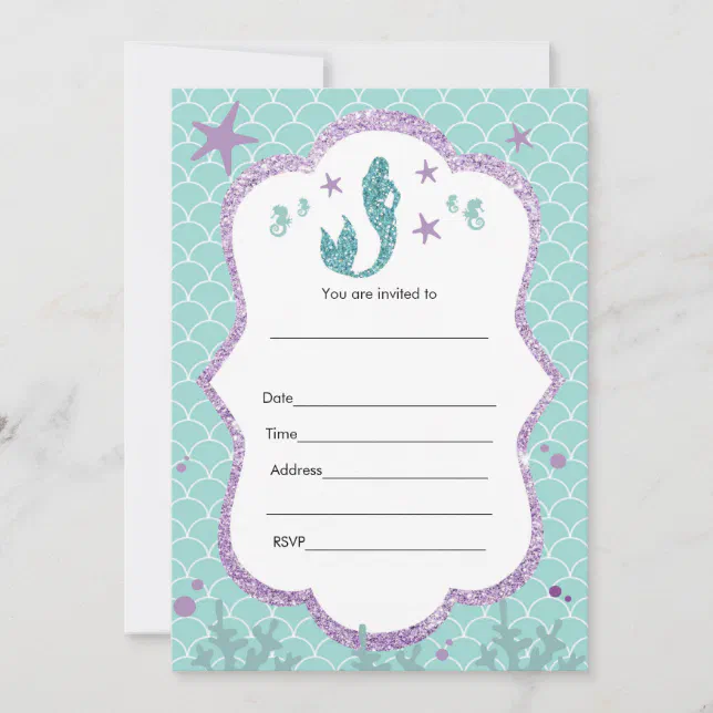 Mermaid Invitation Fill In Purple Teal Glitter | Zazzle