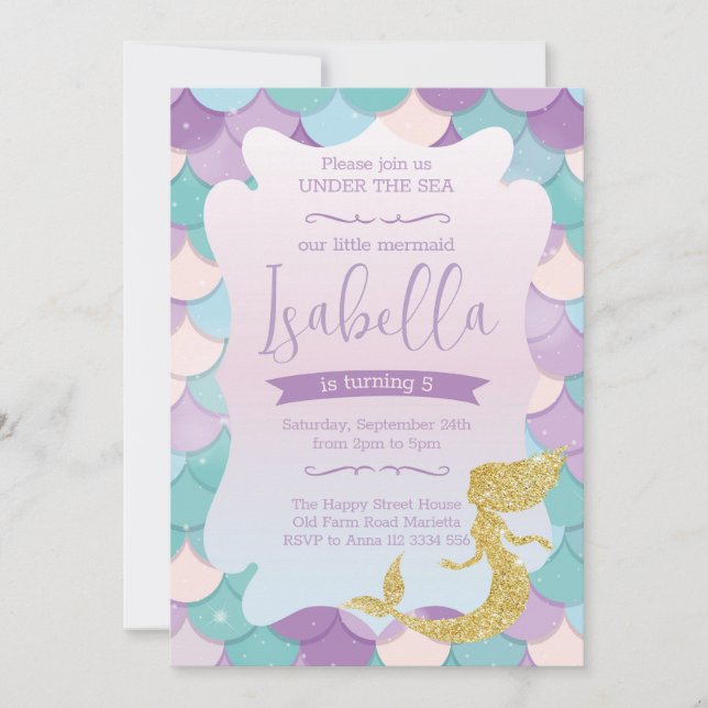 Mermaid Invitation for Birthday Party Gold Glitter (Front)