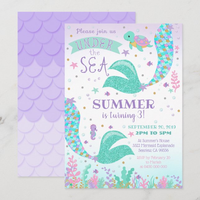 Mermaid Invitation, Girl Under the Sea Invitation (Front/Back)