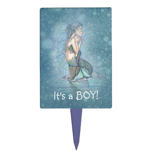 Mermaid It's a Boy Gender Reveal Baby Shower Cake Topper (Front)