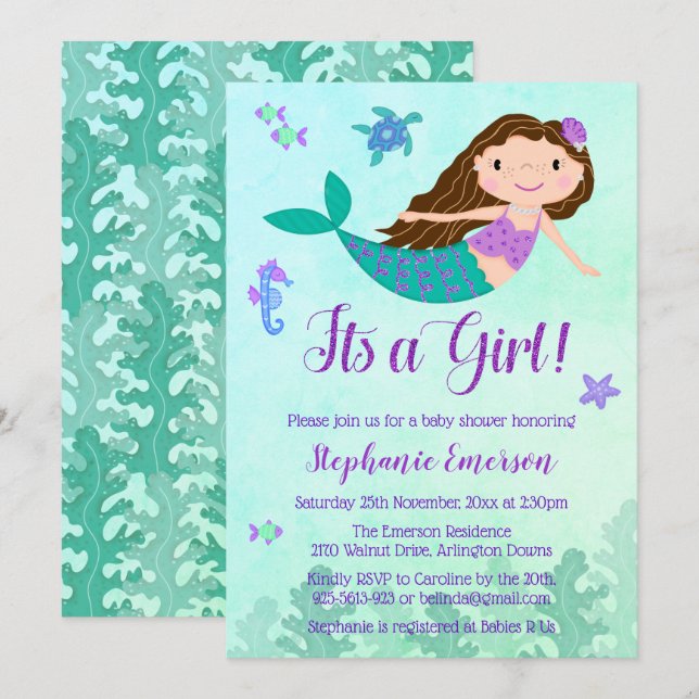 Mermaid It's A Girl Baby Shower Invitations (Front/Back)
