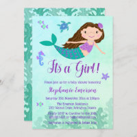 Mermaid It's A Girl Baby Shower Invitations