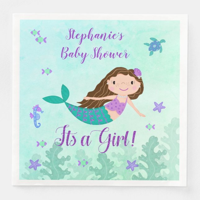 Mermaid It's A Girl Baby Shower Paper Dinner Napkins (Front)
