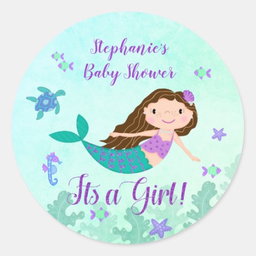 Mermaid Its A Girl Baby Shower Personalized Classic Round Sticker