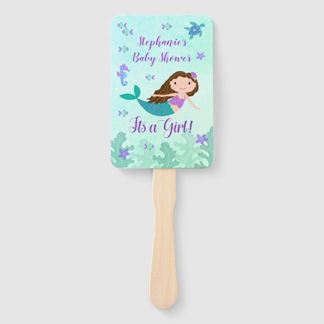 Mermaid Its A Girl Baby Shower Personalized Hand Fan (Front)