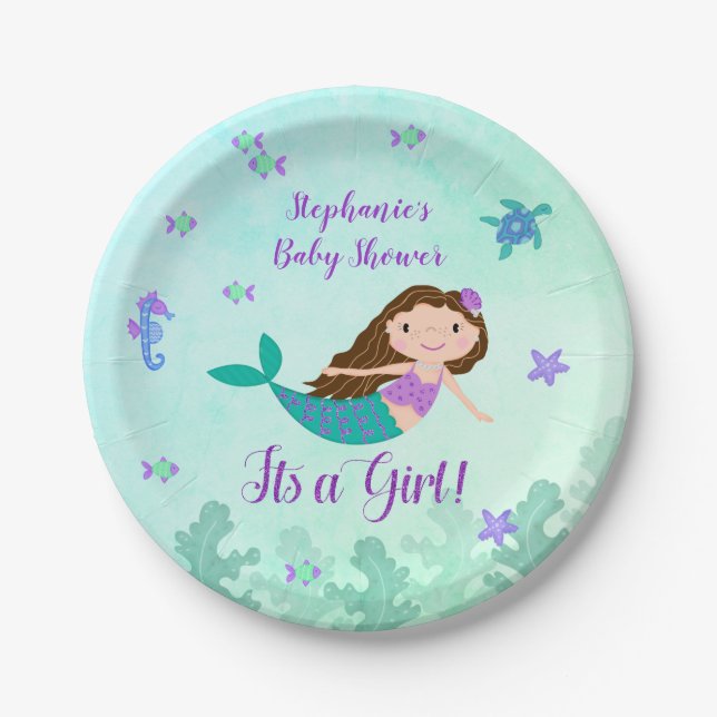 Mermaid It's A Girl Baby Shower Personalized Paper Plates (Front)