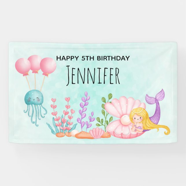 Mermaid & Jellyfish Under the Sea Watercolor Banne Banner (Horizontal)
