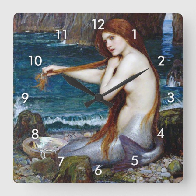 Mermaid, John William Waterhouse Square Wall Clock (Front)