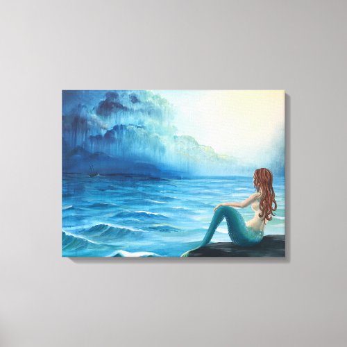 Mermaid Keeping Watch Over Ship at Stormy Sea Canvas Print