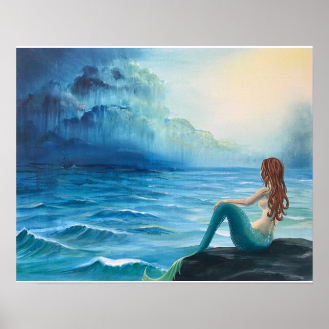 Mermaid Keeping Watch Over Ship at Stormy Sea Poster (Front)