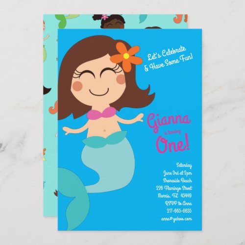 Mermaid Kids Birthday Brown Hair Invitation