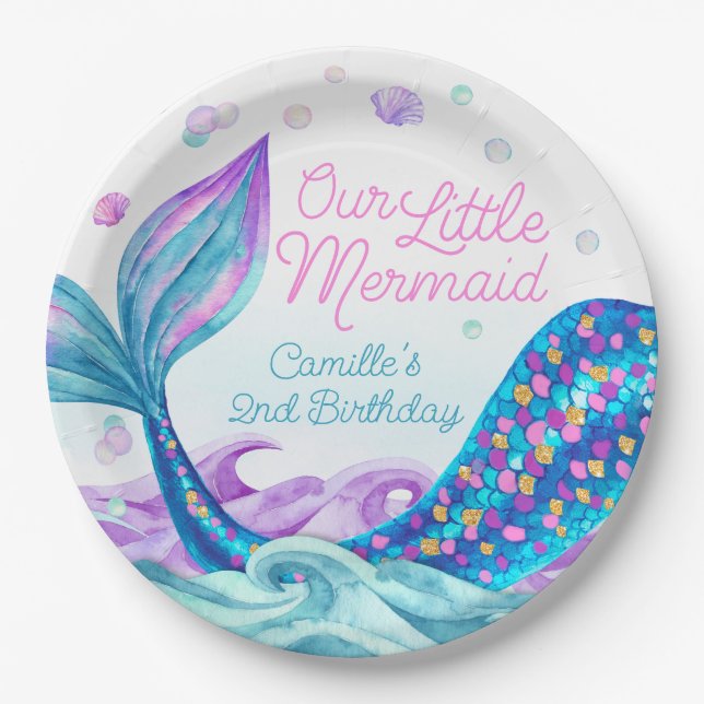 Mermaid Kids Birthday Party Paper Plates (Front)