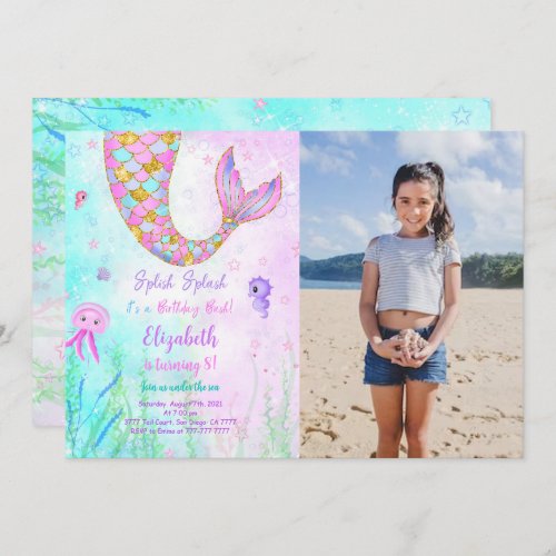 Mermaid Kids Birthday Photo Invitation