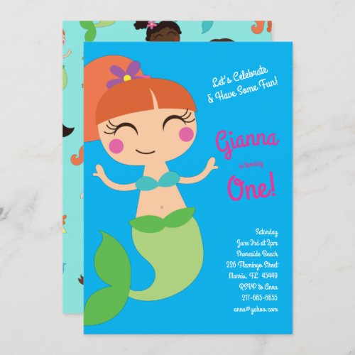 Mermaid Kids Birthday Red Hair Invitation