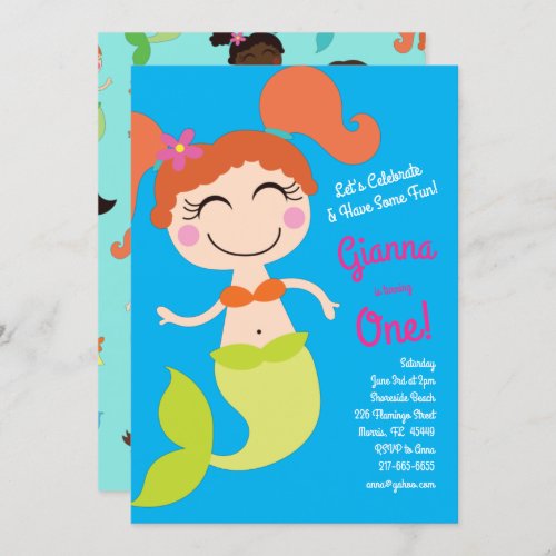 Mermaid Kids Birthday Red Hair Invitation