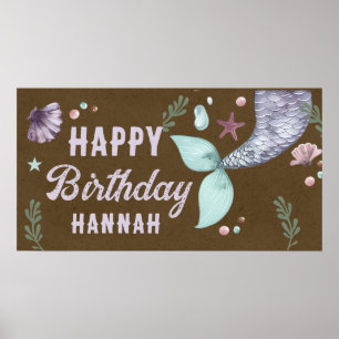 Mermaid Kids Birthday Sea Purple Dark Kraft Poster