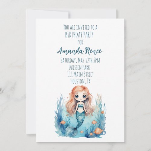 Mermaid Kids Girl Paper Party Invitations