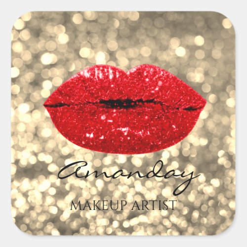 Mermaid Kiss Lips Makeup Artist Red Gold Name Square Sticker