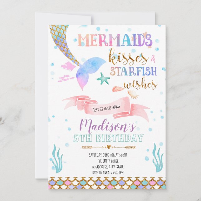 Mermaid kisses and starfish wishes invitation (Front)
