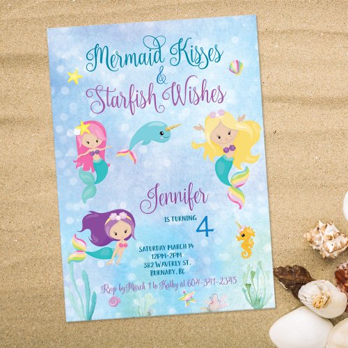 Mermaid Kisses Birthday Invitation