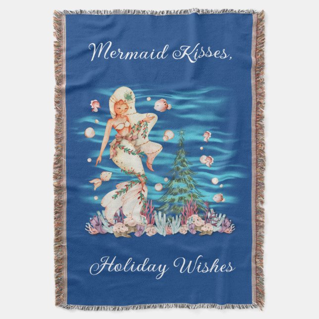 Mermaid Kisses, Holiday Wishes Fringed Throw Throw Blanket (Front Vertical)