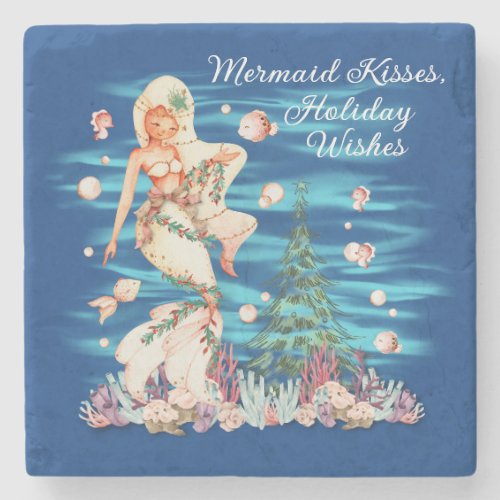 Mermaid Kisses Holiday Wishes Stone Coaster