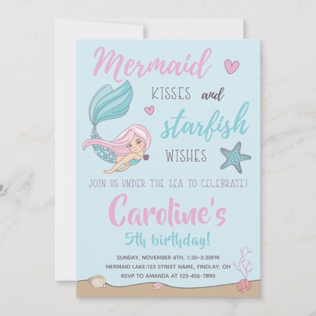 Mermaid Kisses Starfish Wishes Any Age Birthday Invitation (Front)