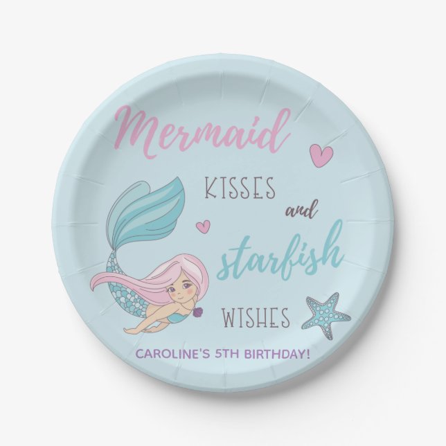 Mermaid Kisses Starfish Wishes Happy Birthday Paper Plates (Front)