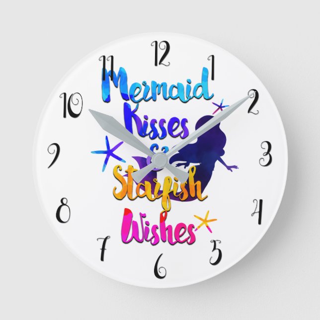 Mermaid Kisses & Starfish Wishes Watercolor Beachy Round Clock (Front)
