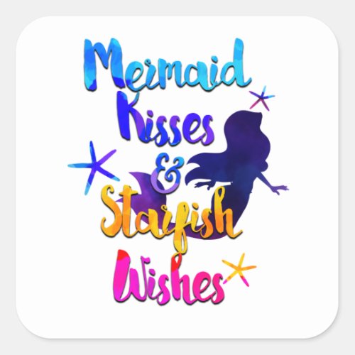 Mermaid Kisses  Starfish Wishes Watercolor Beachy Square Sticker