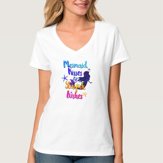 Mermaid Kisses & Starfish Wishes Watercolor Beachy T-Shirt (Front)
